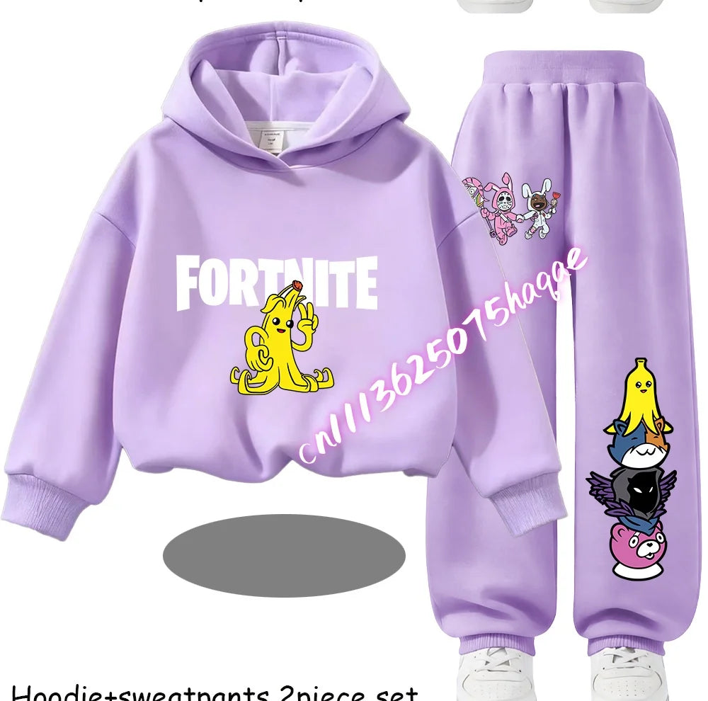 Fortnite Kinder-Set für Frühling und Herbst: langärmliges Kapuzen-Sweatshirt und Hose mit Gaming-Cartoon-Print für Jungen