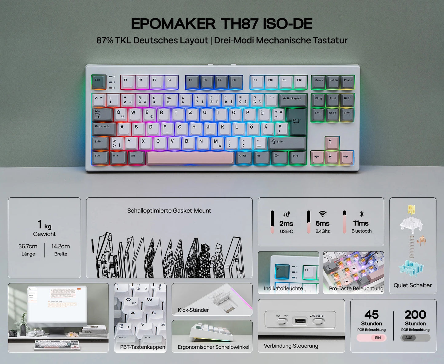 EPOMAKER TH87 ISO-DE Tenkeyless TKL Layout Gasket Wired/Bluetooth/2.4 GHz Wireless Mechanical Keyboard with RGB Backlight