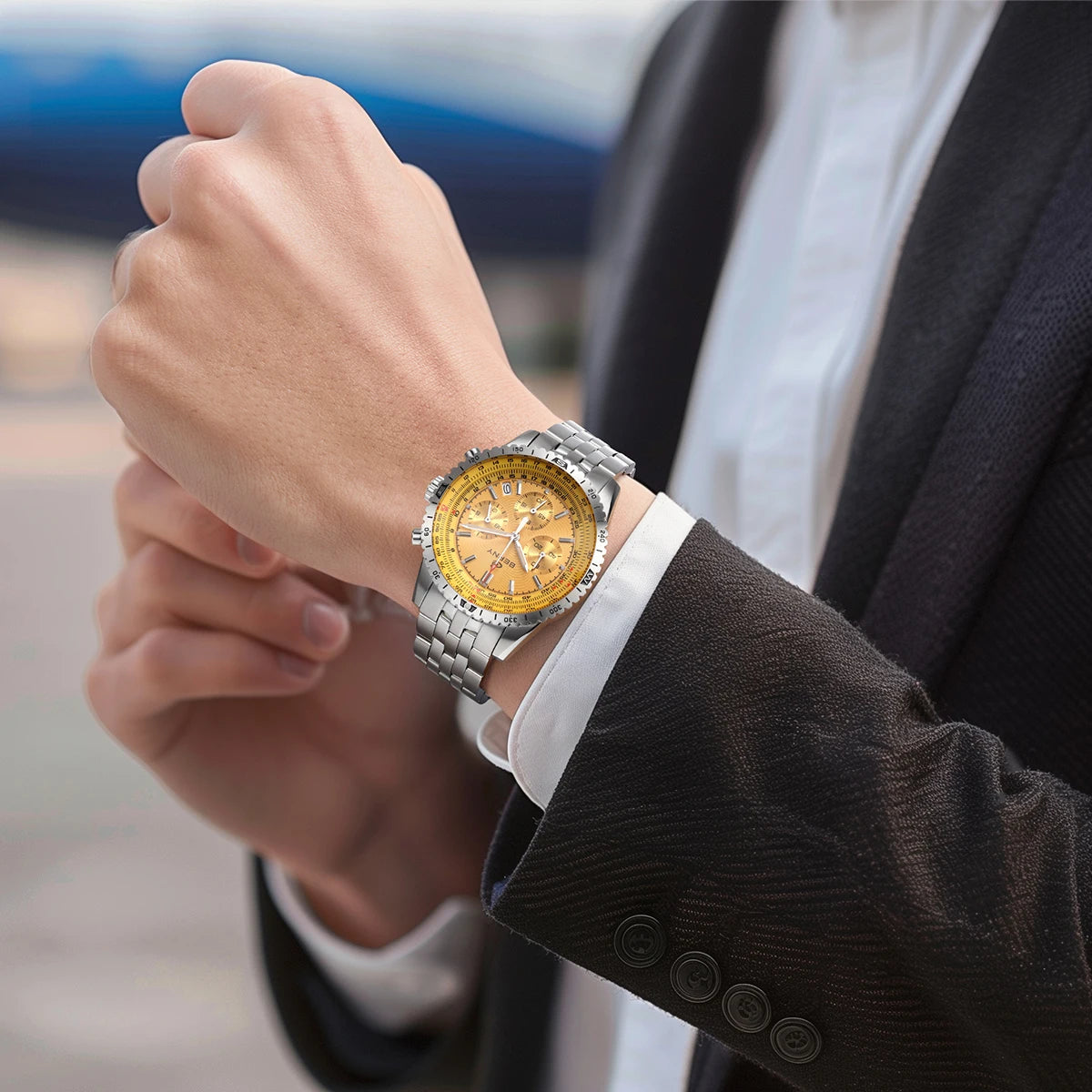 Vyrų chronografas „BERNY“ – daugiafunkcinis kvarcinis laikrodis, sukurtas pagal aviacijos stilių, su datos rodikliu, safyro stiklu ir puikiu švytėjimu – prabangus vyrų rankinis laikrodis