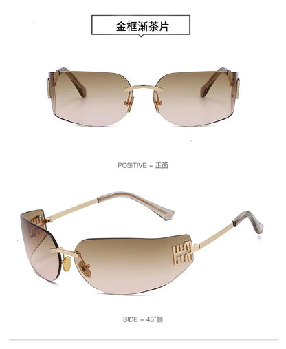 2026 New High End Sunglasses Women Rimless Curved Sun Glasses for Eye Protection and Sunscreen Travelling Hiking Shades Gafas