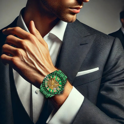 A men's green steel strap luxury trendy analog delicate pinion automatic mechanical watch