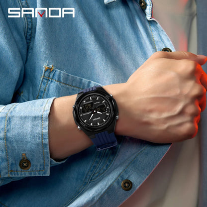 Fashion SANDA 6267 Men's Electronic Watch Multifunctional Operation Night light waterproof Dual Display Student Electronic Watch