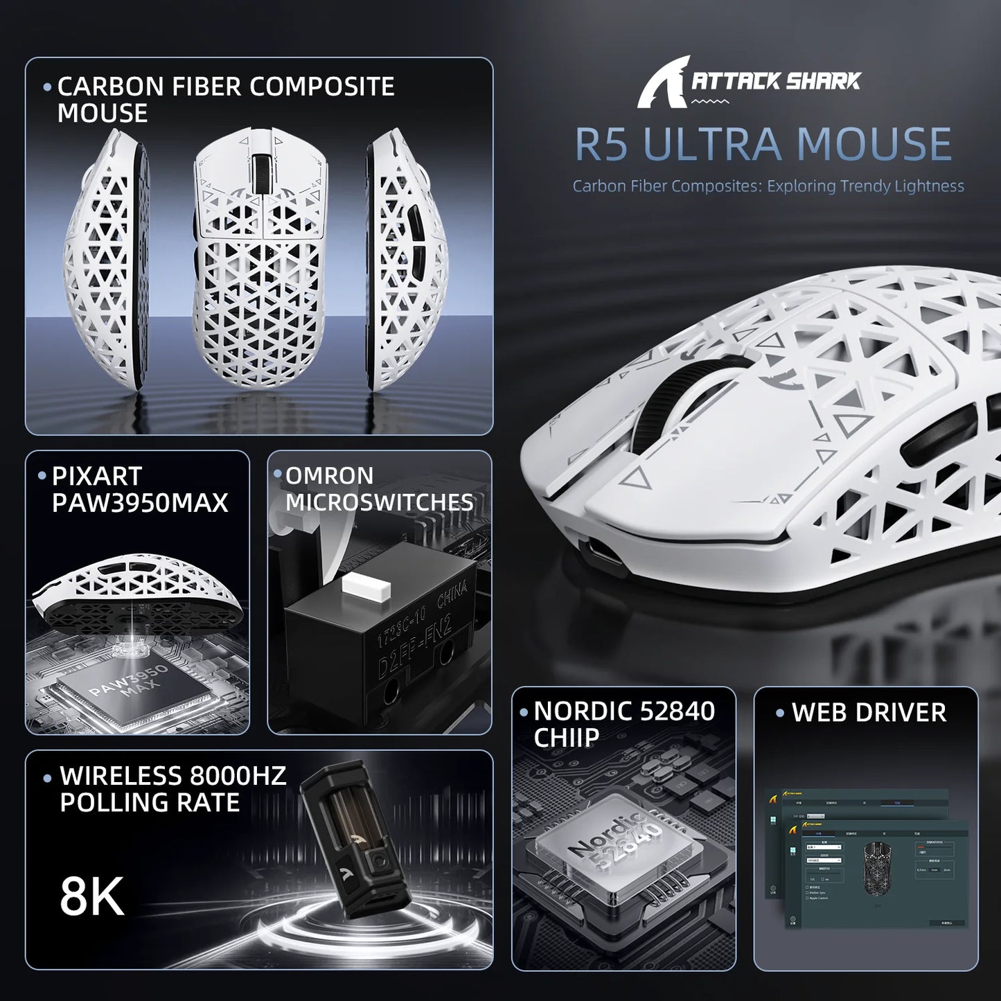 ATTACK SHARK R5 Ultra Carbon Fiber Wireless Gaming Mouse, PixArt PAW3950MAX Gaming Sensor, 42000DPI, 8000Hz, MCU Nordic 52840