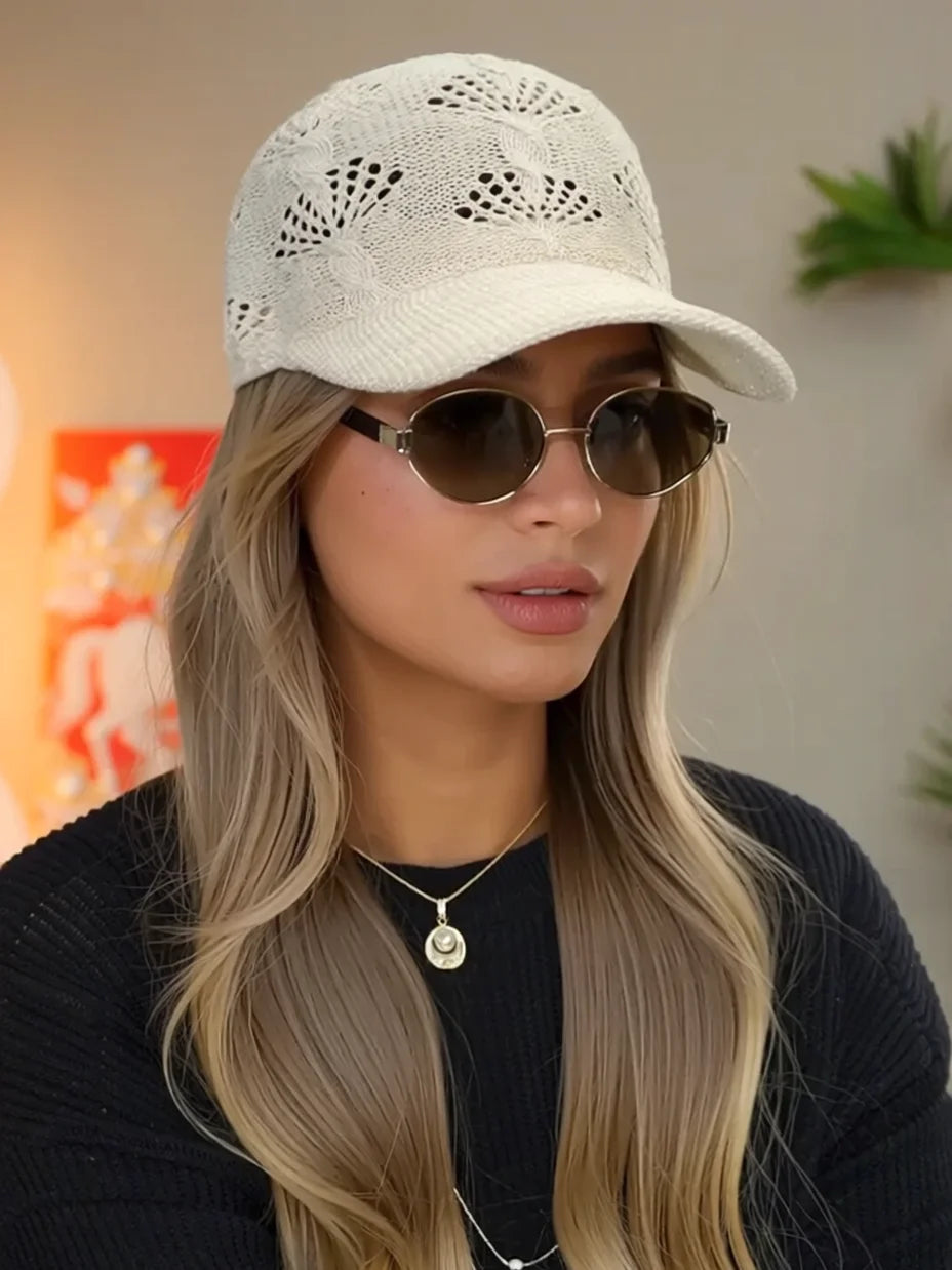 Summer Glossy Openwork Knit Baseball Cap for Women,Outdoor Sun Protection Hat Breathable Flattering Versatile