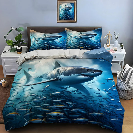 Shark swimming through fish swarm Print Soft Comfortable Duvet Cover Bedding Set Included 1*Duvet Cover  2*Pillowcases