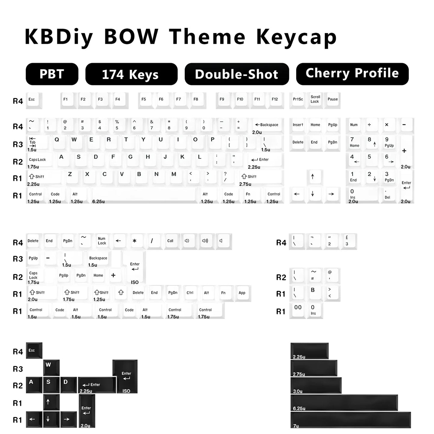 KBDiy GMK BOW Keycaps Cherry Profile Retro White And Black Double Shot PBT Keycap 7u for Mechanical Gaming Keyboard Key Caps Set