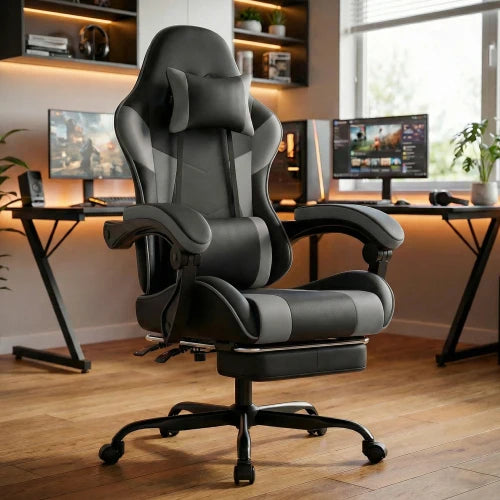 Black-Grey Ergonomic Gaming Chair, Lumbar Support, Breathable PU Leather, Adjustable Height & Backrest, 200kg for Office & PC