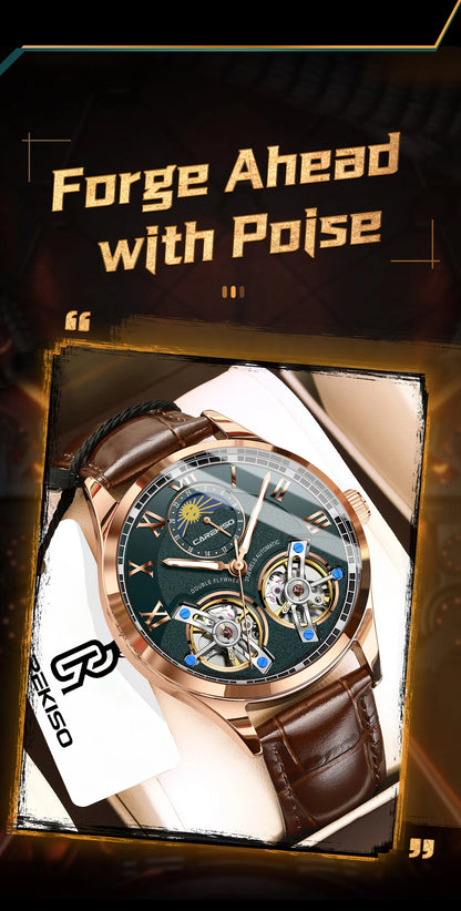 CAREKISO Fashion Men Clock Double Hollow Tourbillon Automatic Mechanical Man Watch Waterproof Luminous Leather Men's Watches+Box