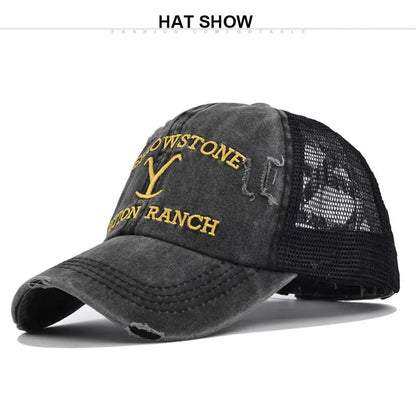 Summer Yellowstone Dutton Ranch Hat Cross Ponytail Baseball Cap Distressed Outdoor Embroidery Sunscreen Hat Solid Color Cap