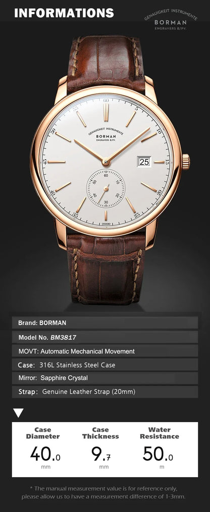 BORMAN BM3817 TOP Watch New 42 Luxury Men Automatic Mechanical Men's Watches Sapphire Ultra-thin 50M Waterproof Sub Dial Clocks