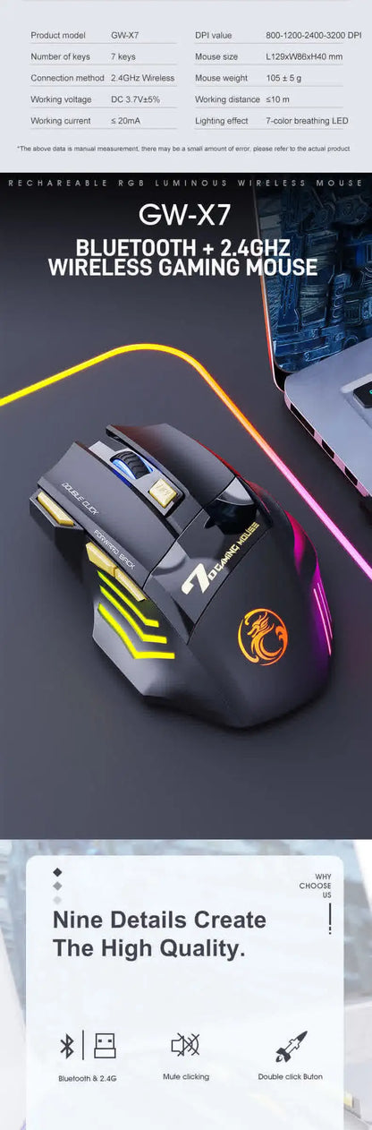 Wireless Mouse Bluetooth Wireless Mouse Rechargeable Computer Mouse Gamer Ergonomic Gaming Mause RGB Backlit Silent Mice For PC