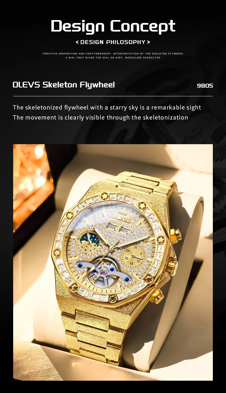 OLEVS Gold Steel Men's Watches Top Brand Automatic Mechanical Luxury Watch Sport Waterproof Tourbillon Wrist Watch Reloj Hombre