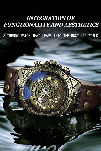 UTHAI Retro Men Watch Business Waterproof Bronze Automatic Mechanical Machine Watch Leather Strap Male Fashion Clock Wristwatch
