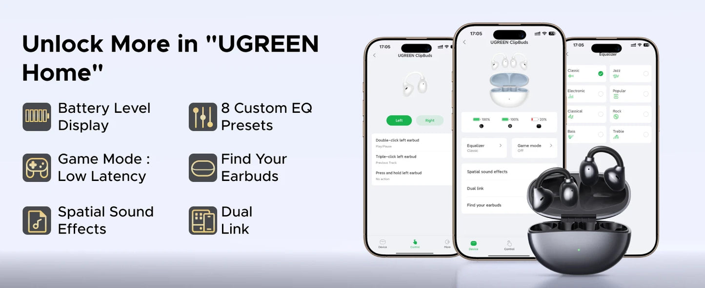 UGREEN ClipBuds Open-Ear Wireless Headphones Bluetooth 6.0 with 4 Mic Clear Call, Earbuds Clip on Earphones 30H Playtime