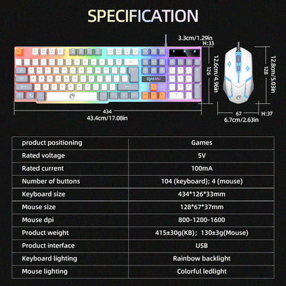 Rainbow LED Backlit Wired Gaming Keyboard And Mouse Combo with 104 Keys 3D Scroll Wheel 1600 DPI USB Interface Ergonomic PC Game