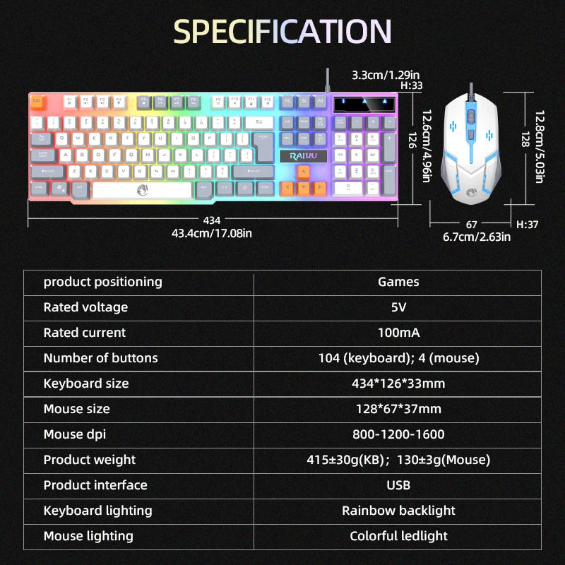 Rainbow LED Backlit Wired Gaming Keyboard And Mouse Combo with 104 Keys 3D Scroll Wheel 1600 DPI USB Interface Ergonomic PC Game