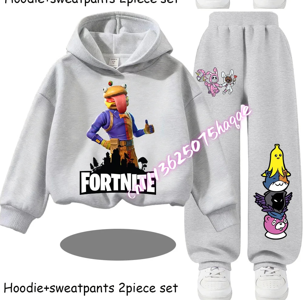 Fortnite Kinder-Set für Frühling und Herbst: langärmliges Kapuzen-Sweatshirt und Hose mit Gaming-Cartoon-Print für Jungen