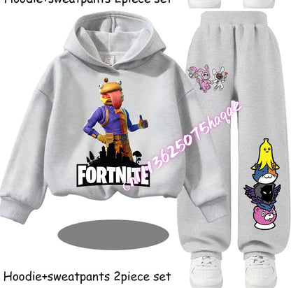 Fortnite Kinder-Set für Frühling und Herbst: langärmliges Kapuzen-Sweatshirt und Hose mit Gaming-Cartoon-Print für Jungen