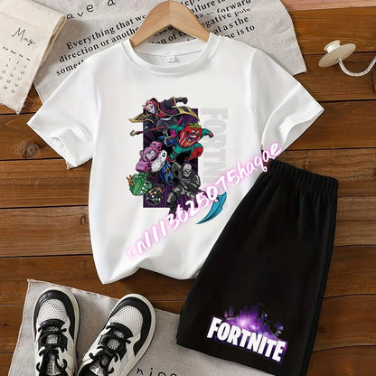 Completo estivo Fortnite con T-shirt e shorts per bambini e bambine, set 2 pezzi, abbigliamento bambino con top, T-shirt e pantaloncini, stampa Fortress Night, idea regalo