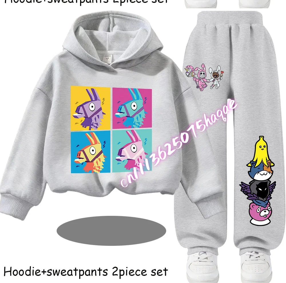 Fortnite Kinder-Set für Frühling und Herbst: langärmliges Kapuzen-Sweatshirt und Hose mit Gaming-Cartoon-Print für Jungen