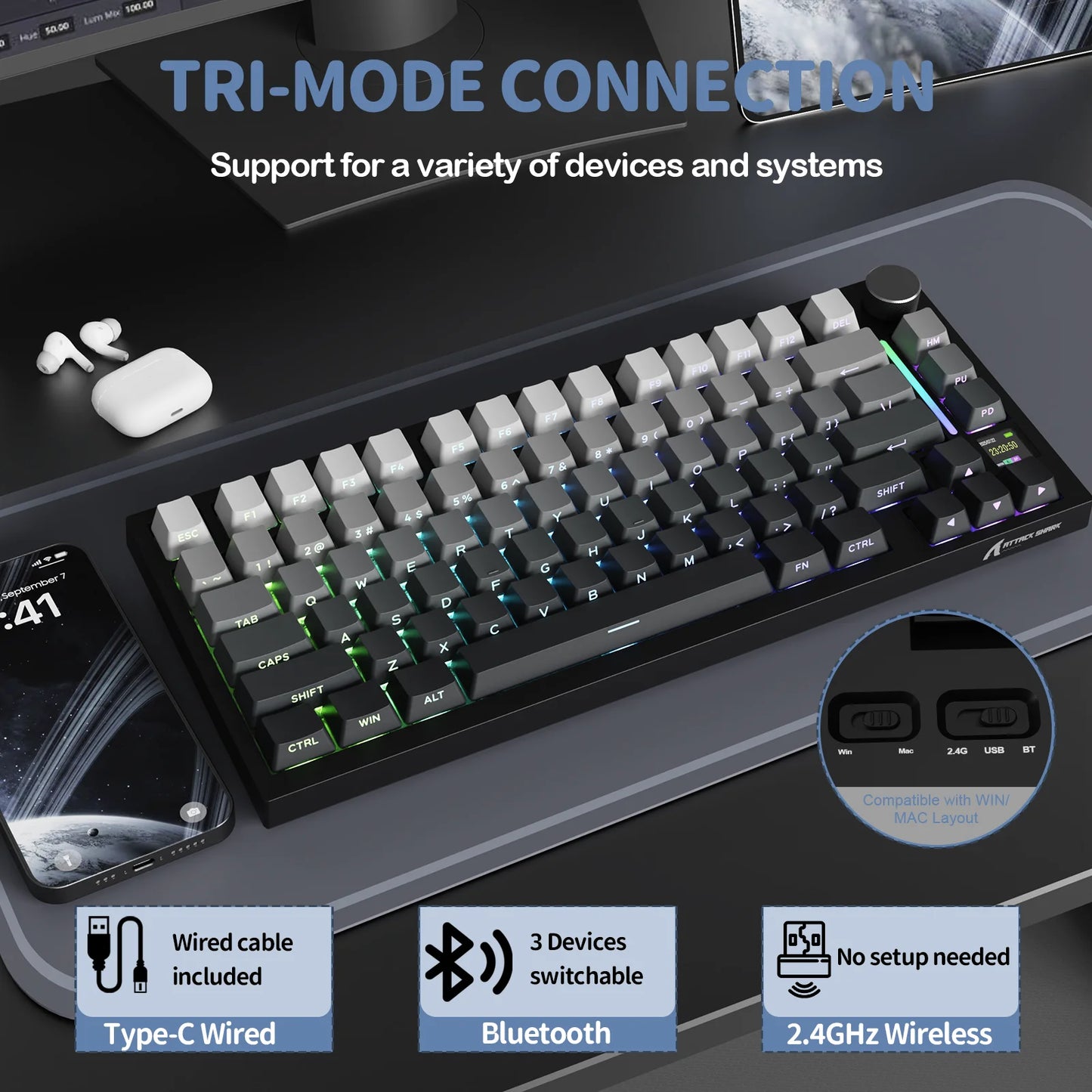 ATTACK SHARK X820 Ultra Wireless Mechanical Keyboard with TFT Smart Display & Knob, 75% Hot Swappable, BT/2.4G/Wired,Gift Switch