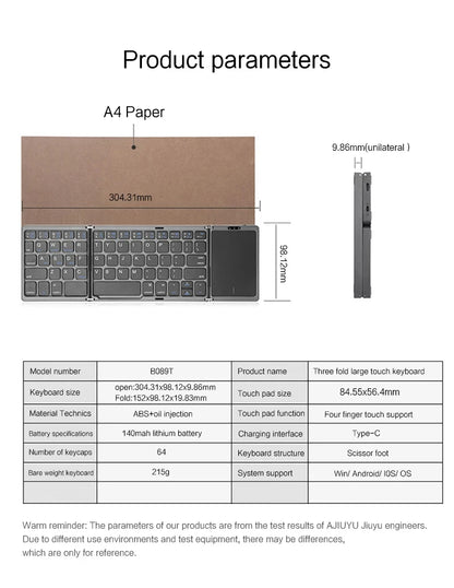 Mini Folding Wireless Bluetooth Keyboard Russian Spanish Arabic Hebrew Portugues with Touchpad for Windows, Android, IOS