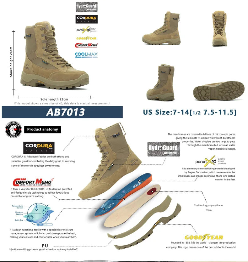 ROCKROOSTER Hiking shoes Men waterproof hunting Boots Tactical Desert Combat Boots trekking Ankle mountian cow Leather Sneakers