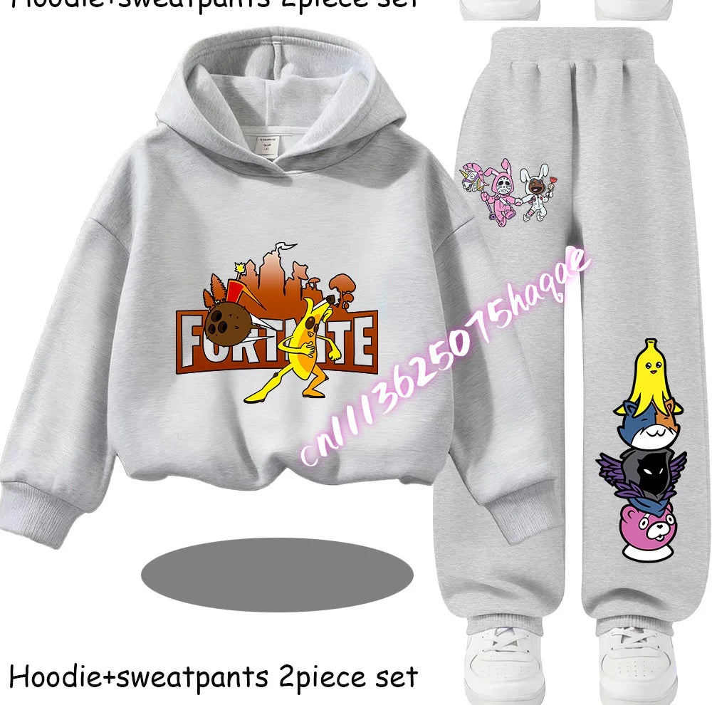 Fortnite Kinder-Set für Frühling und Herbst: langärmliges Kapuzen-Sweatshirt und Hose mit Gaming-Cartoon-Print für Jungen