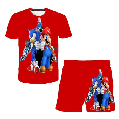 Fashion 3D Anime Children's T-shirt Set Sonic The Hedgehog Top Short Sleeve + Shorts Two-piece Set Girls Boys Cosplay Costume