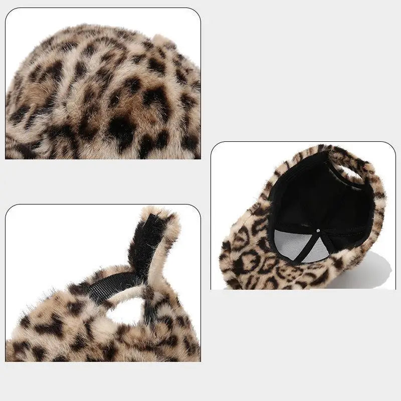 Casquette de baseball imprimé léopard pour femme, en fausse fourrure douillette, chaude pour l'hiver, casquette vintage d'extérieur à visière rabattable pour femme