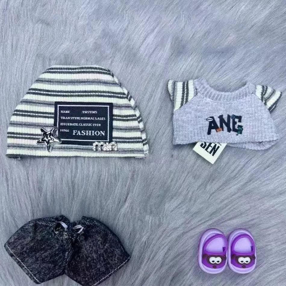 For Labubu 15-17cm Cloth Korean Grey Star Hat Suit Pull Bubu Baby Clothes 123rd Generation High-energy Hope Vinyl Doll Clothes