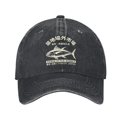 Japanense Tsukiji Fish Market Washed Tokyo Japan Baseball Cap Sun High Quality Washed Trucker Hat Female Male Snapback Cap
