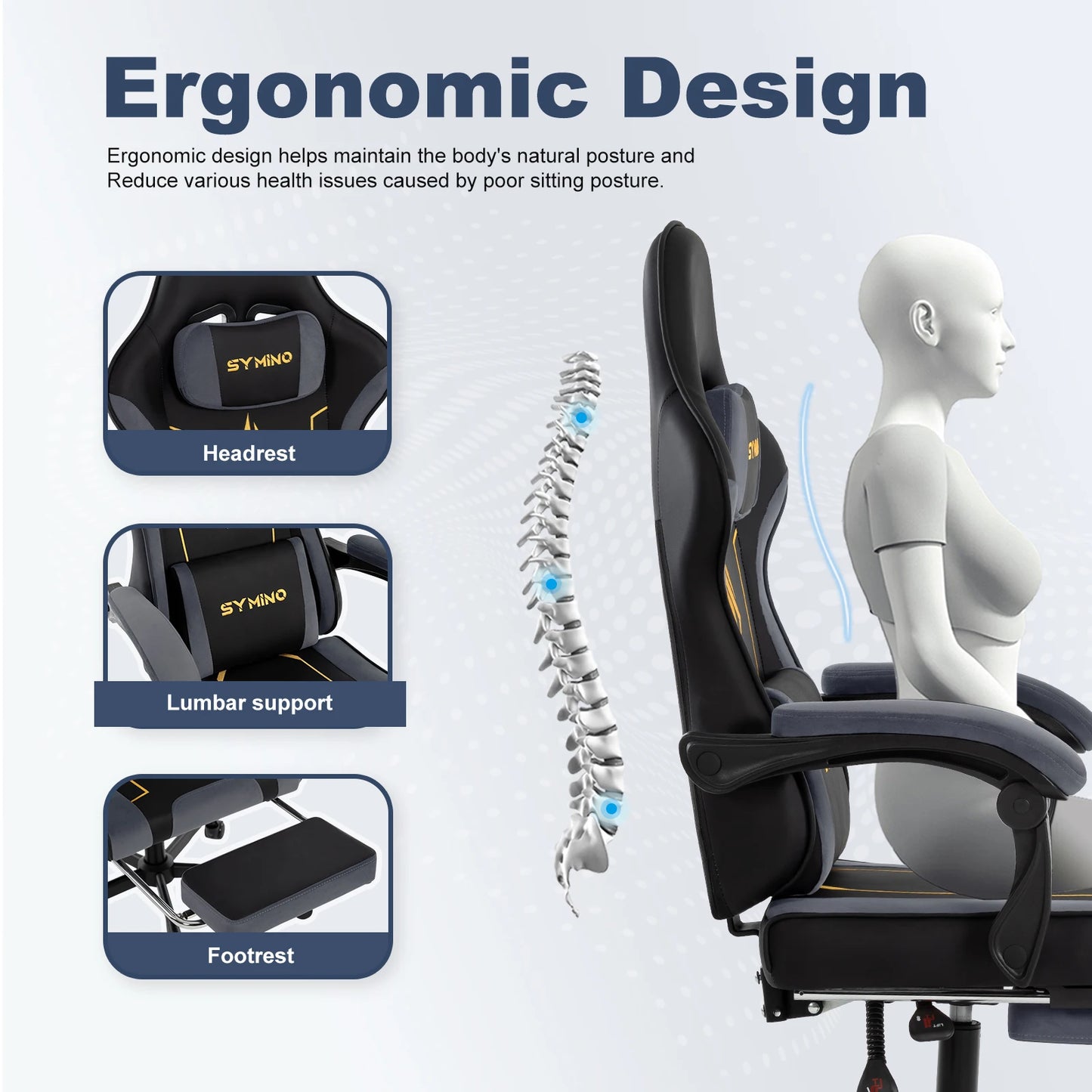 SYMINO Latex Cushion Ergonomic Gaming Chair – Racing Style, Adjustable with Footrest, 130kg Capacity
