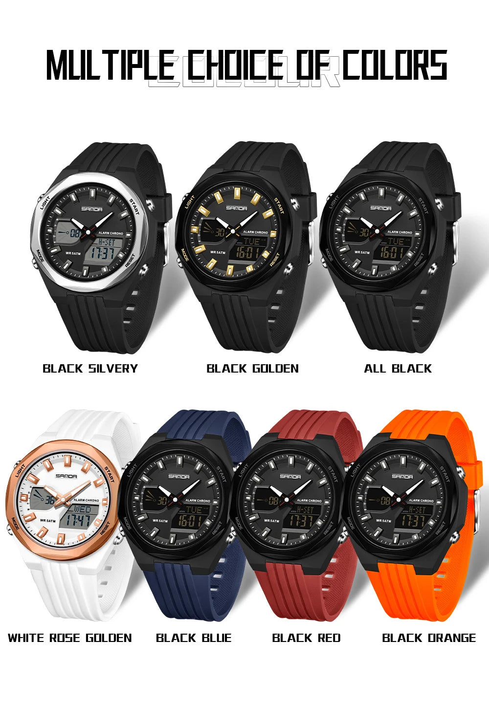 Fashion SANDA 6267 Men's Electronic Watch Multifunctional Operation Night light waterproof Dual Display Student Electronic Watch