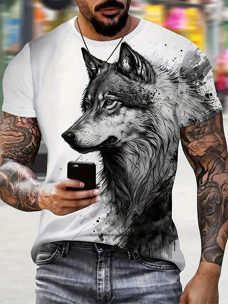 Different Pupil Wolf Print Men's T-shirt Daily Casual Urban Street Fashion Short-sleeved Summer Outdoor Sports Tee
