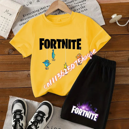 Completo estivo Fortnite con T-shirt e shorts per bambini e bambine, set 2 pezzi, abbigliamento bambino con top, T-shirt e pantaloncini, stampa Fortress Night, idea regalo