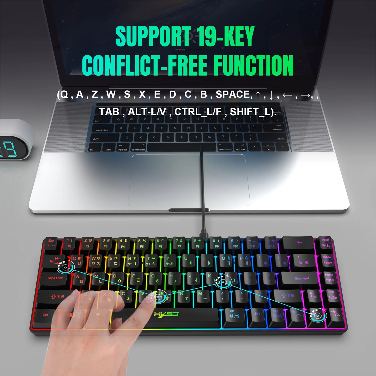 68 Keys Gaming Keyboard USB Wired Portable 20 RGB Backlight Korean Keyboard for Windows Laptops Computer