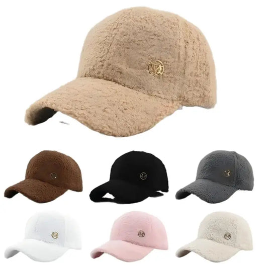 Winter Solid Color M-Label Lamb Wool Baseball Cap for Women, Outdoor Warm Casual Fashion Versatile Plush Duckbill Cap