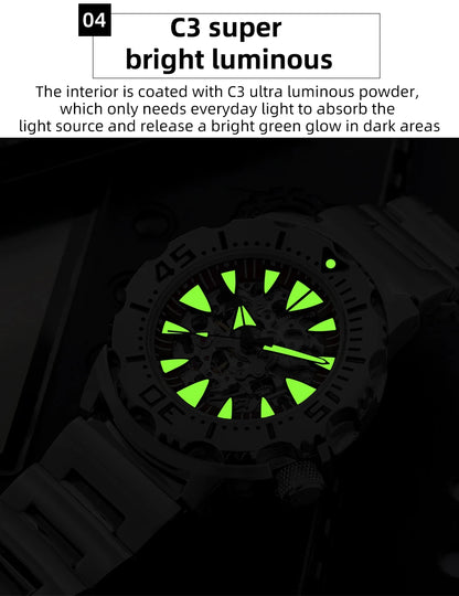 ADDIESDIVE  Luxury Automatic Watches for Men Sapphire 8N24 Stainless Steel Skeleton Luminous 20Bar Waterproof Gift Box Watch