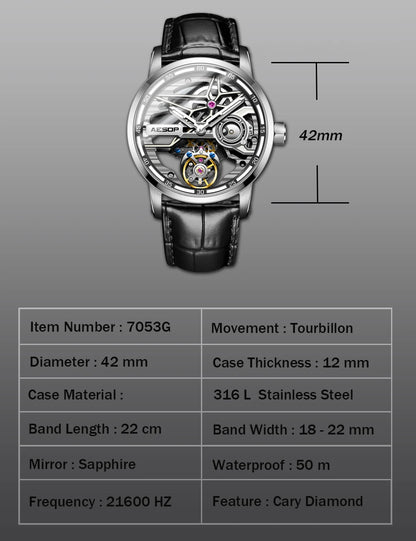 AESOP Men Flying Tourbillon Mechanical Full Skeleton Waterproof Watches Top Brand Luxury Watch for Men Sapphire With Diamond Man