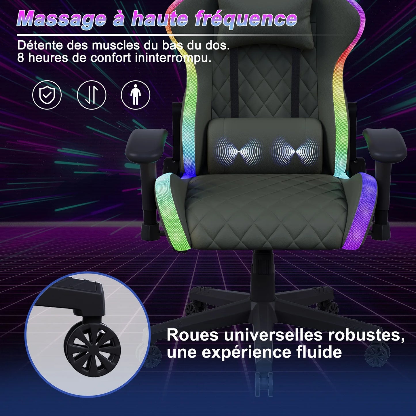 Office Chair, LED gaming chair with ergonomically adjustable backrest, PU leather office chair, lumbar support cushion & pillow