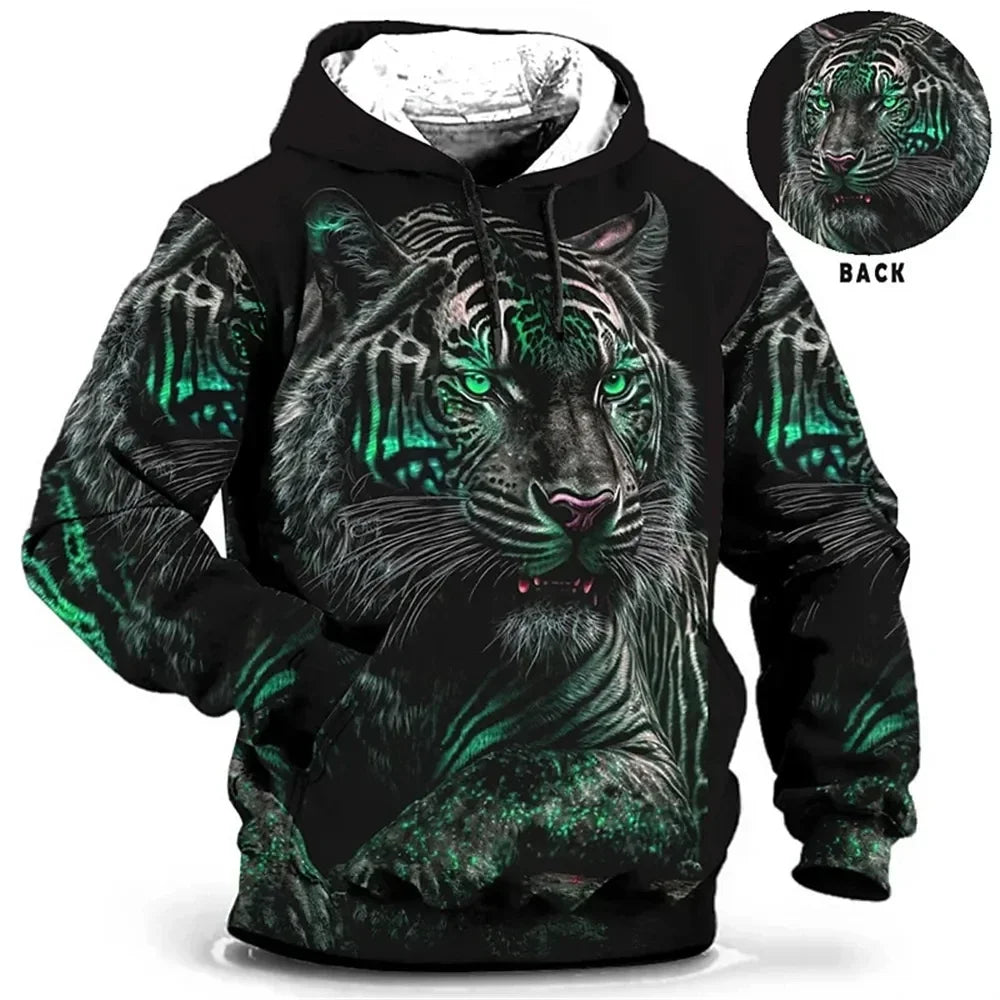 Vintage Hoodies for Men Wolf Animal Pattern 3D Print Eagle Leopard Tops Autumn Winter Casual Long Sleeve Oversized Tiger Hooded