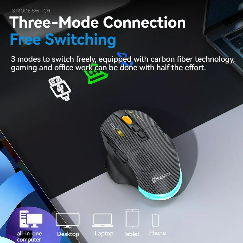 12800DPI 2.4G Wireless Bluetooth Wired Tri-mode Mouse Mute Button Macro Programming Carbon Fiber Gaming Mouse 500mAh 7 Keys
