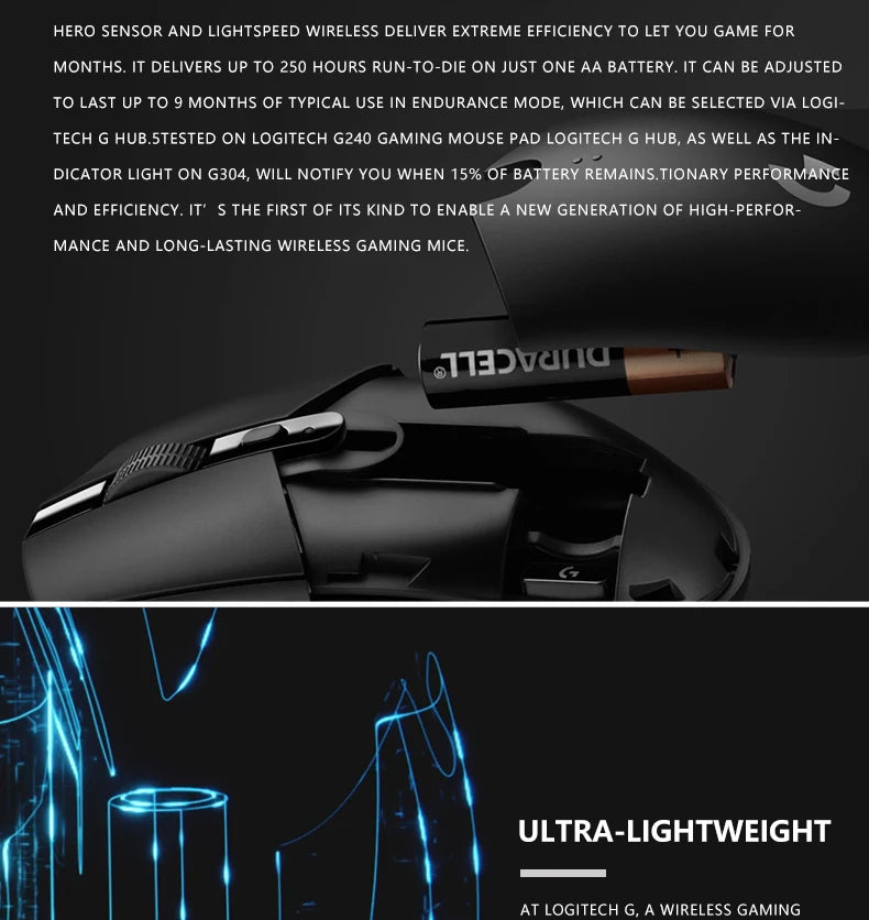 Logitech G305 wireless mouse, 12000 DPI, HERO sensor, 9-month battery life, sensitive hotkeys, suitable for casual gamers.