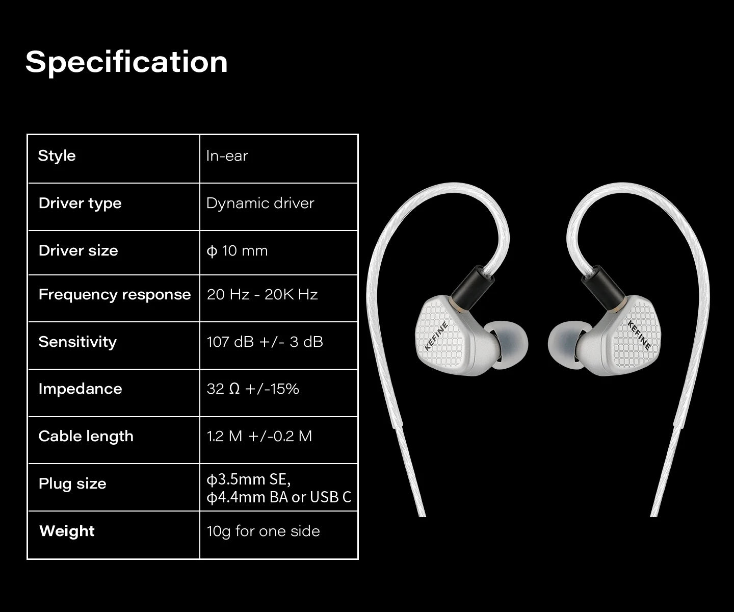 Angelears Kefine Klean SV 10mm DLC Diaphragm Dynamic Driver IEMs Hi-Fi In-ear Earphone with Nozzles and SPC Cable