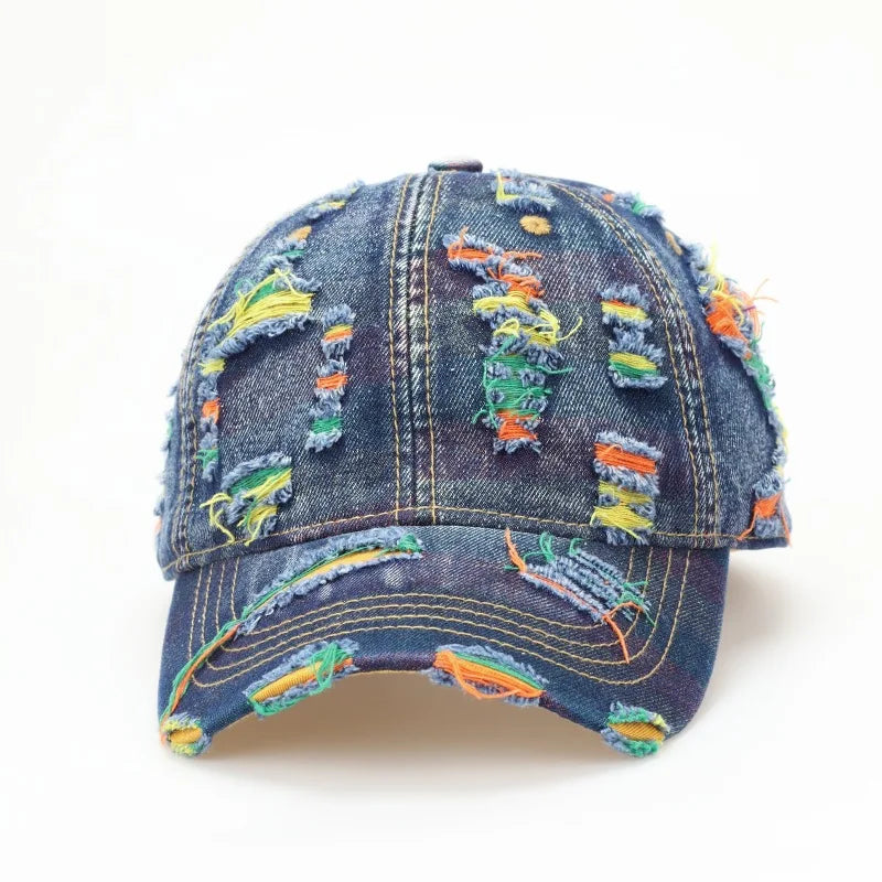 Vintage Washed Distressed Denim Colorful Baseball Cap for Men Women, Fashion Two-Tone Ripped Sun Protection Visor Hat Trendy