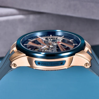 Herrklocka från PAGANI DESIGN – Mekanisk automatisk lyxmodell av typen ”skelett” (öppen mekanism), utrustad med en tourbillon, safirglas med antireflexbehandling, vattentät och självlysande.