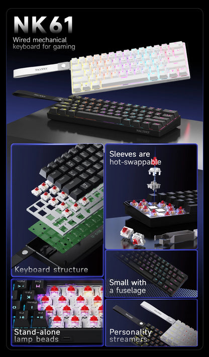 AJAZZ NK61 61-Key Red Switch Wired Mechanical Keyboard with Hot-Swappable Keys and RGB Lighting, Suitable for PC and Mac