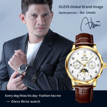 OLEVS 6698 Mens Watch Luxury Dress Brand Moon Phase Automatic Mechanical Watch For Men Leather  Waterproof Dual Calendar Watch
