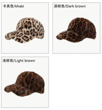 Casquette de baseball imprimé léopard pour femme, en fausse fourrure douillette, chaude pour l'hiver, casquette vintage d'extérieur à visière rabattable pour femme